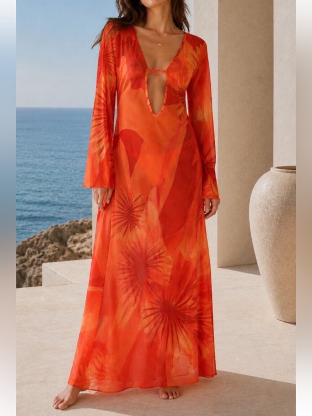 NWT Caroline Constas Orange Red Sheer Dress Coverup Small